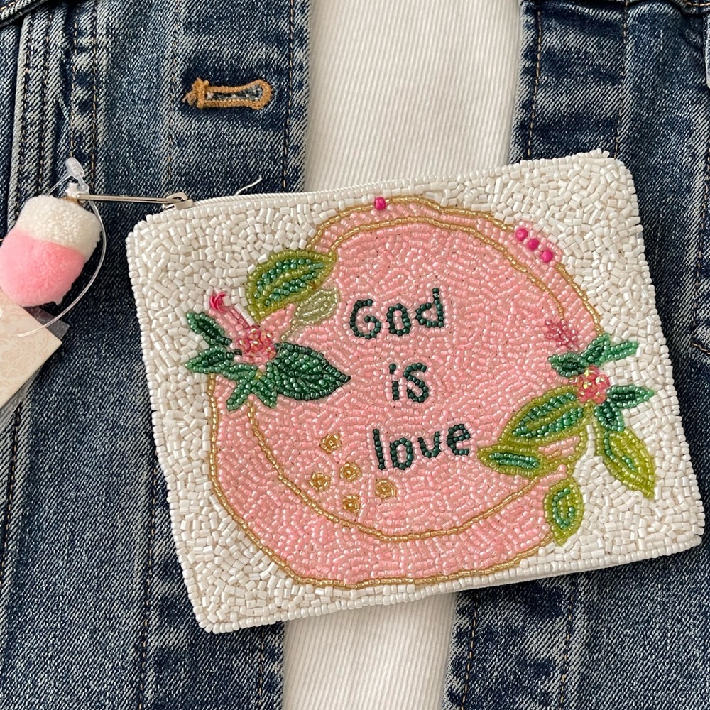 God Is Love Coin Pouch Seed Bead Coin Pouch Beaded Coin Bag White Beaded Purse - Picture 2 of 5